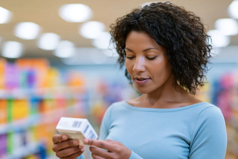 Young black woman reading product label in supermarket aisle