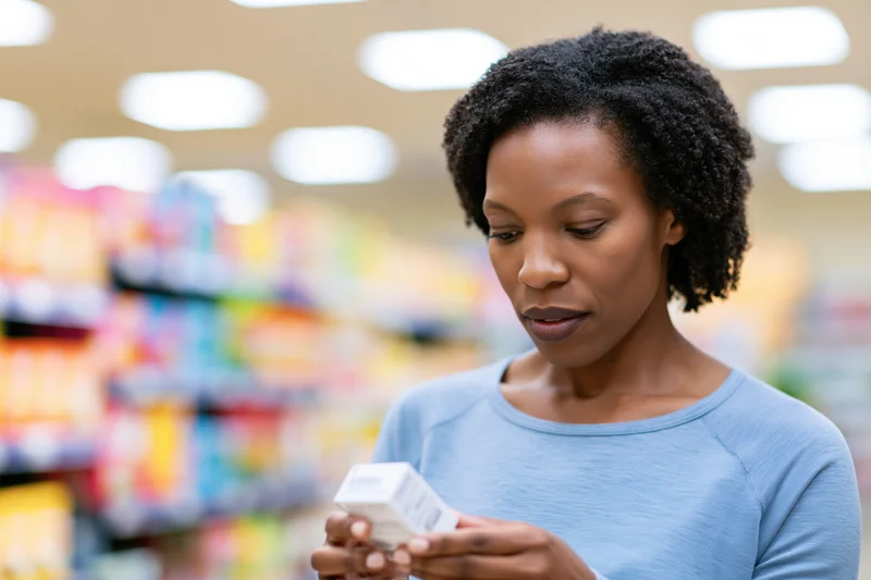 Young black woman reading product label in supermarket aisle