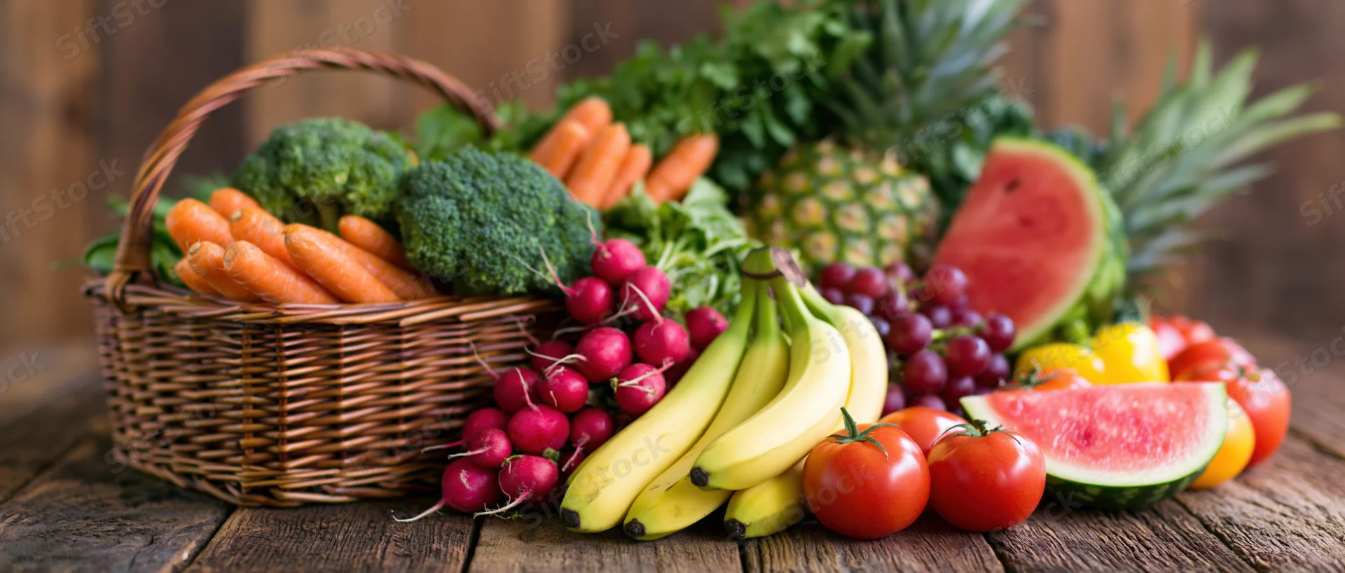 Abundant fresh fruits and vegetables arranged in a wicker basket on a wooden table