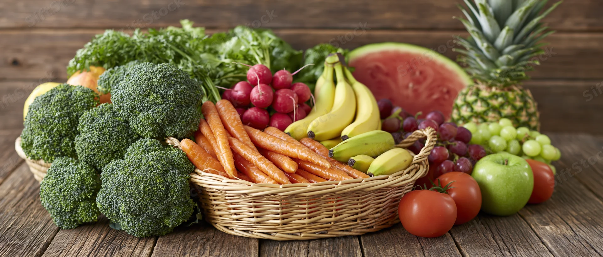 Wicker basket filled with fresh fruits and vegetables on wooden table