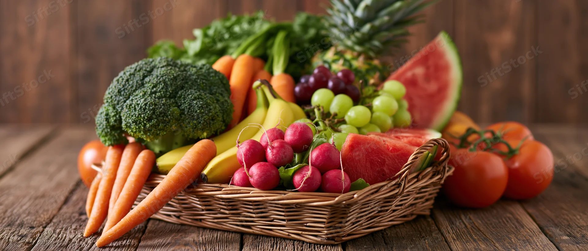 Wicker basket filled with fresh fruits and vegetables on wooden table