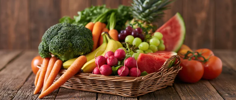 Wicker basket filled with fresh fruits and vegetables on wooden table