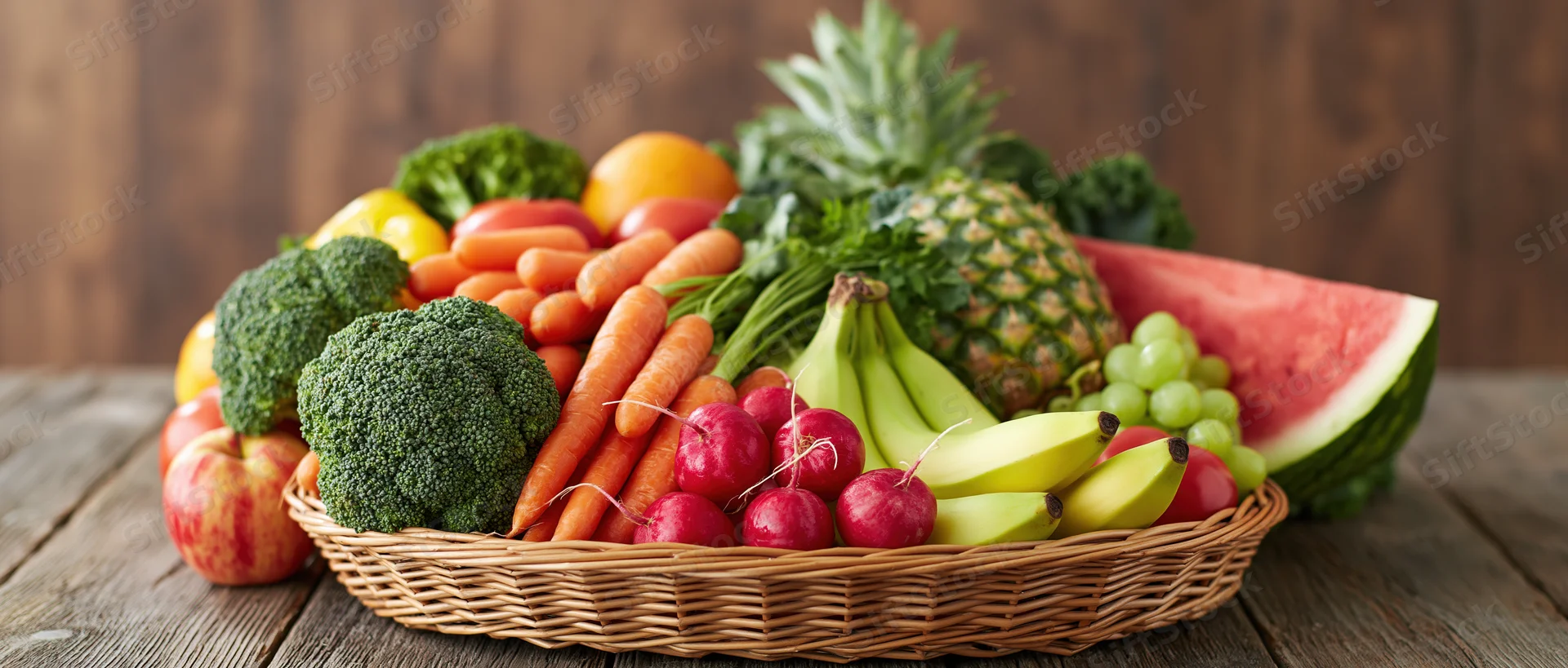 Wicker basket filled with fresh fruits and vegetables on wooden table