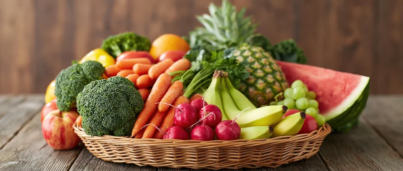 Wicker basket filled with fresh fruits and vegetables on wooden table