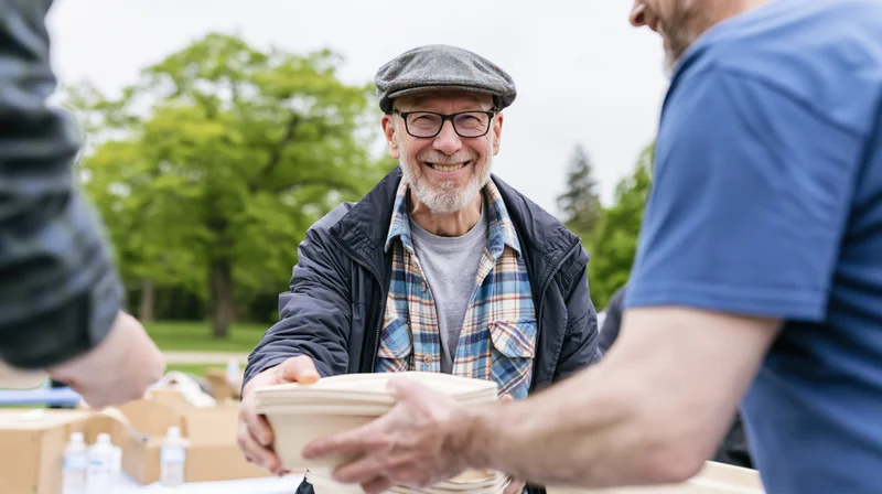 Senior man smiling while handing plates to another person at an outdoor community food distribution event