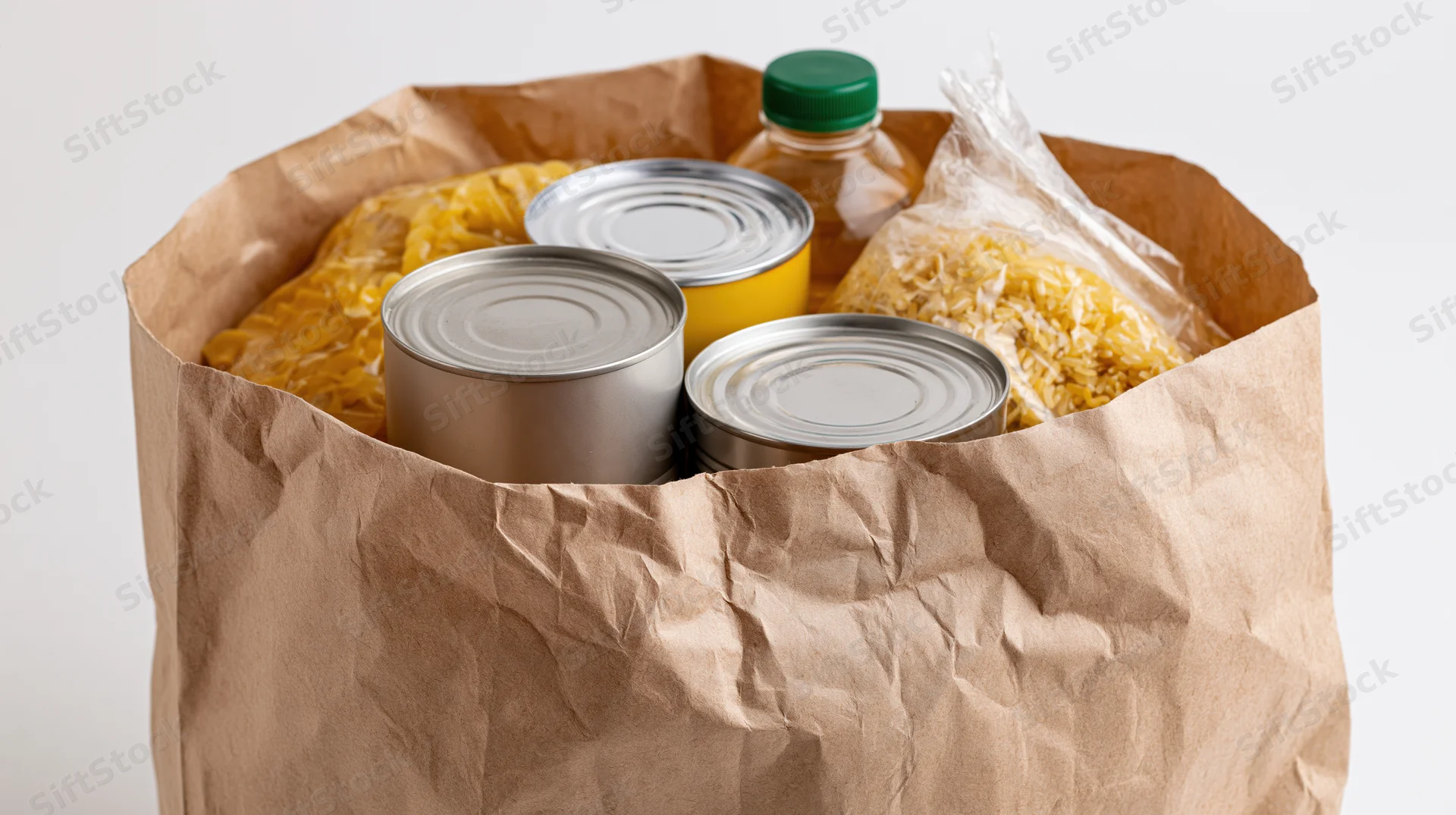 Brown paper bag filled with canned goods and dry food staples for donation