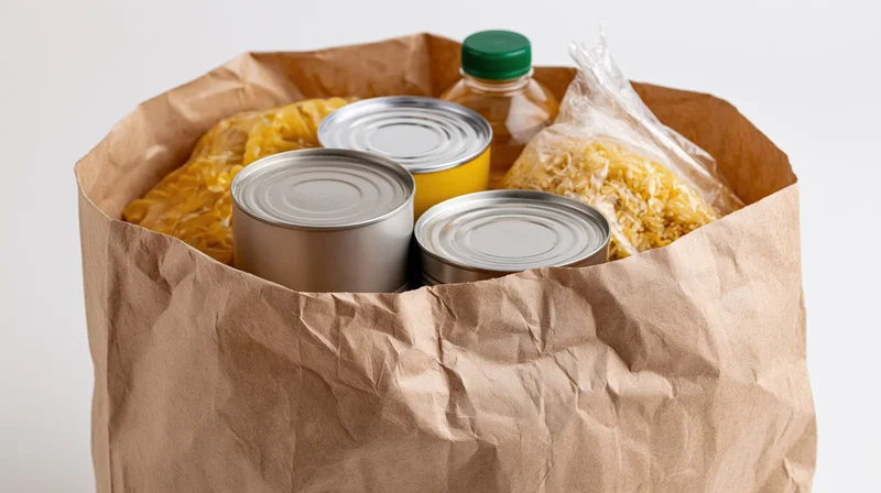 Brown paper bag filled with canned goods and dry food staples for donation