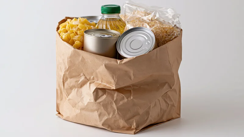 Brown paper bag filled with canned goods, pasta, rice, and oil on a white surface