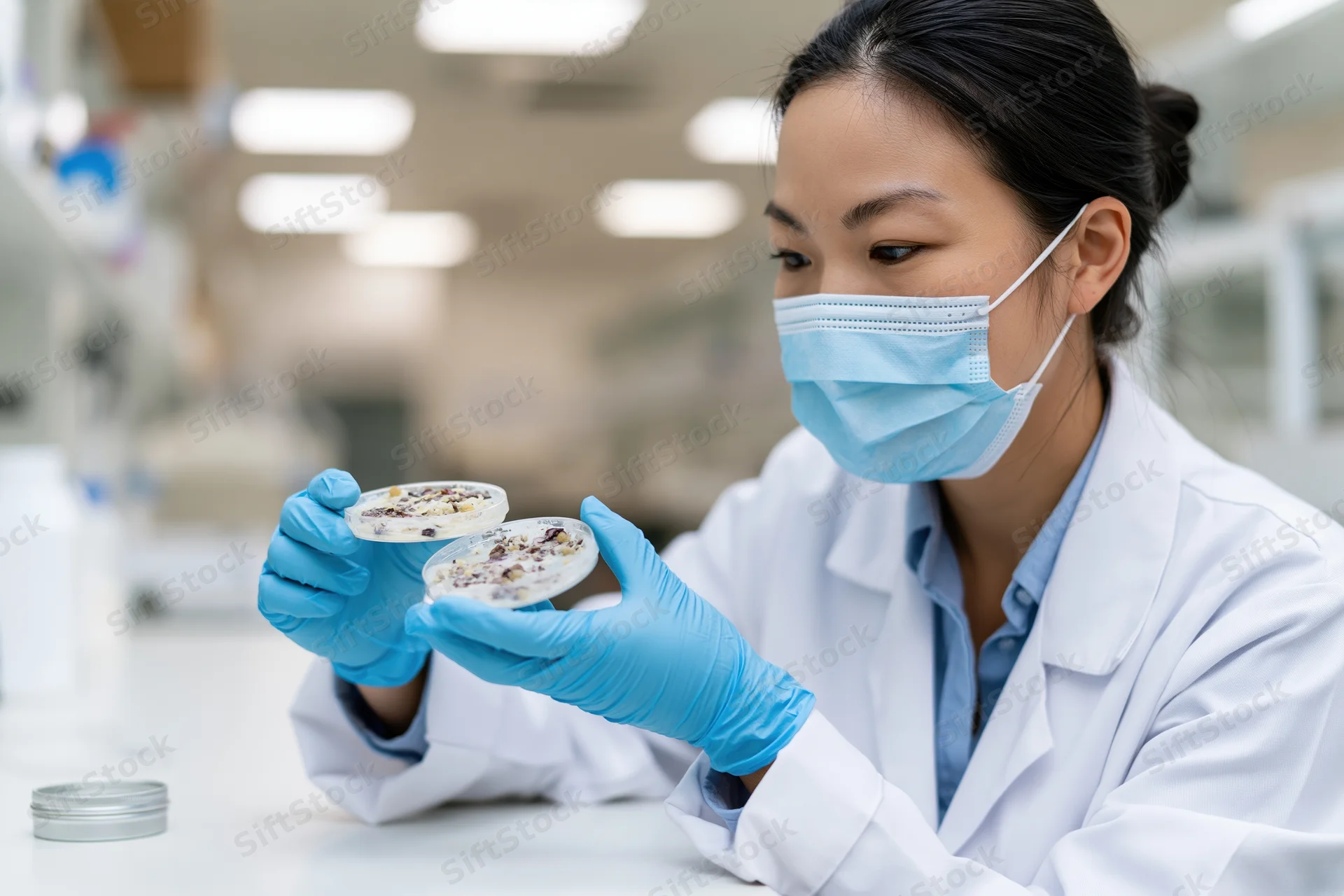 Asian woman scientist inspecting petri dishes in laboratory wearing lab coat and gloves