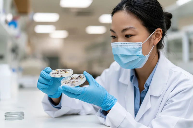 Asian woman scientist inspecting petri dishes in laboratory wearing lab coat and gloves