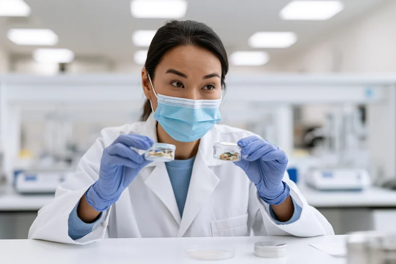 Asian woman scientist in lab coat holding petri dishes with food samples in laboratory