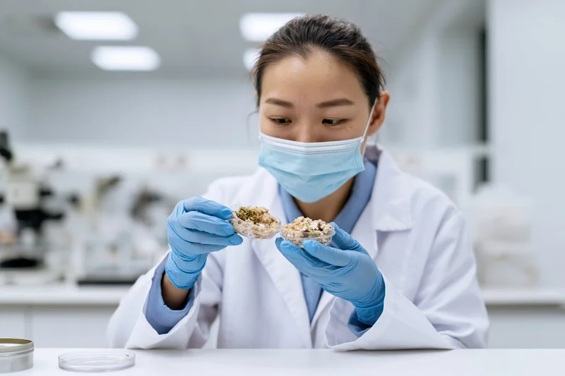 Asian woman scientist in lab coat examining food samples in petri dishes at laboratory bench