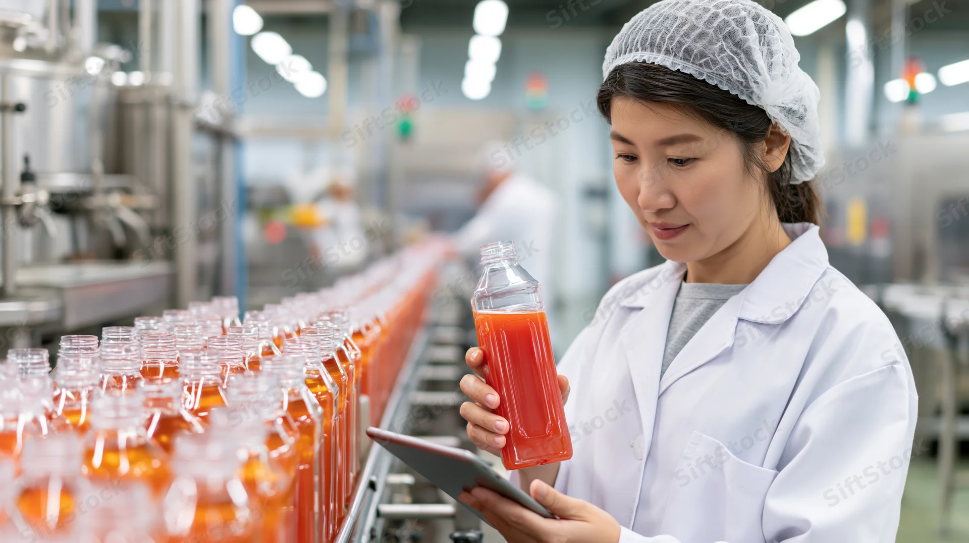 Asian woman in labcoat inspecting juice bottle on conveyor in factory