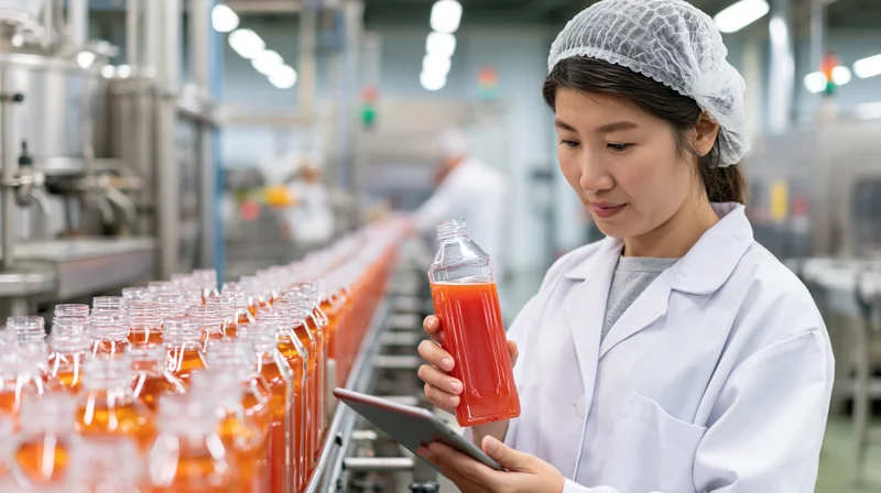 Asian woman in labcoat inspecting juice bottle on conveyor in factory