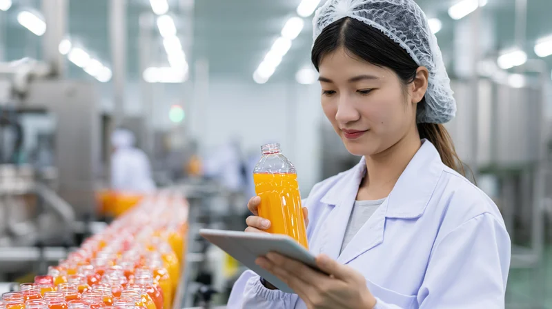 Asian woman in lab coat inspecting orange beverage bottle with tablet in factory