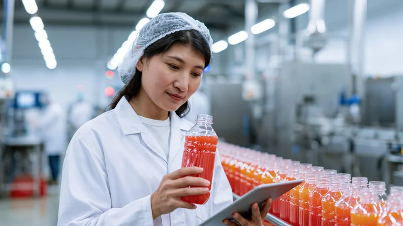 Asian woman in lab coat inspecting juice bottle with tablet in factory