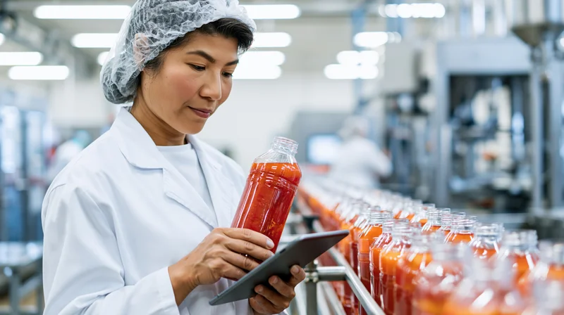 Asian woman in labcoat inspecting tomato juice bottle on factory conveyor line with tablet