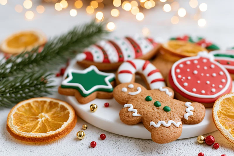 Assorted christmas gingerbread cookies decorated with royal icing on a white plate with dried oranges and pine sprigs