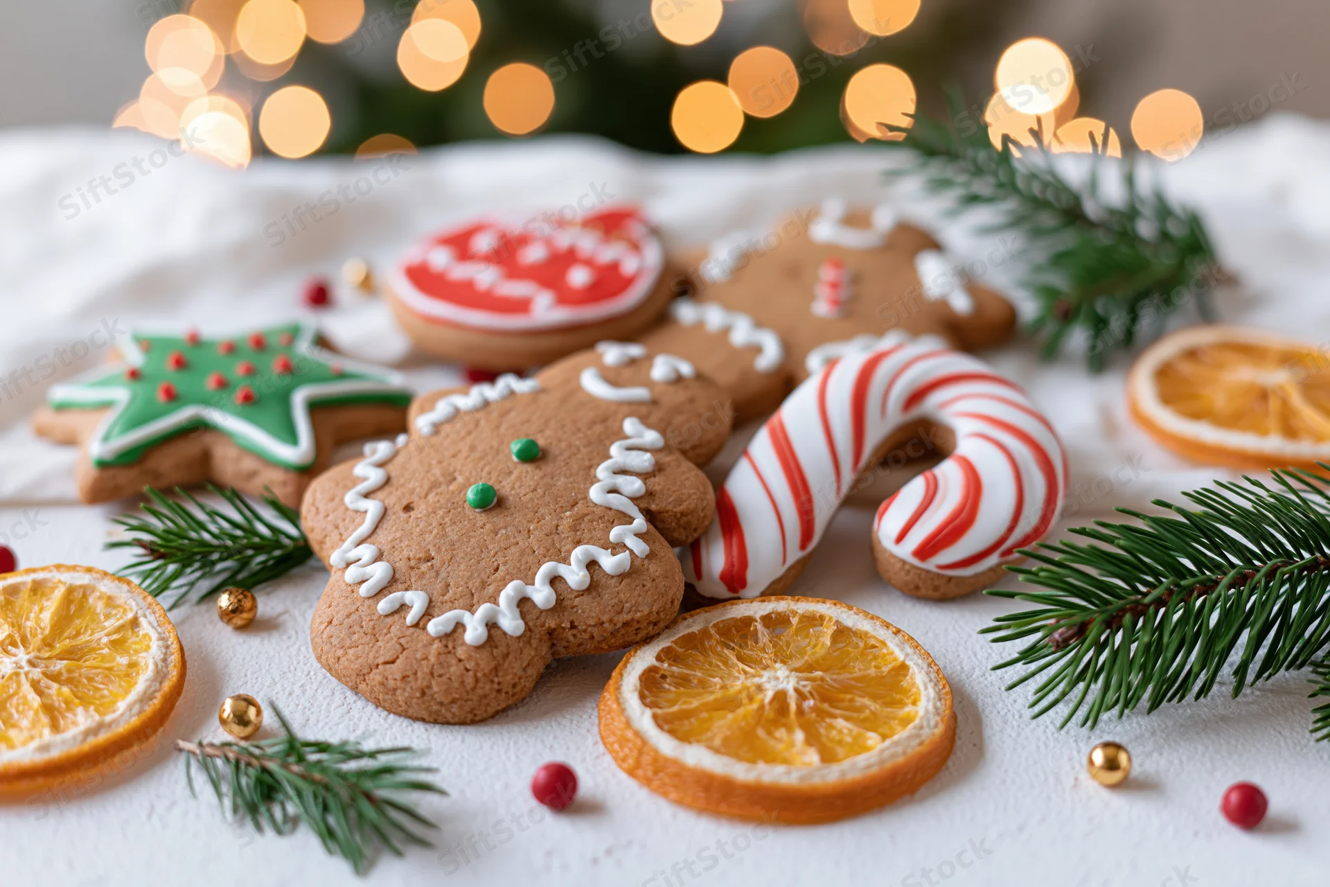 Assorted gingerbread cookies with candy cane and orange slices arranged on white surface with pine branches and blurred holiday lights in background