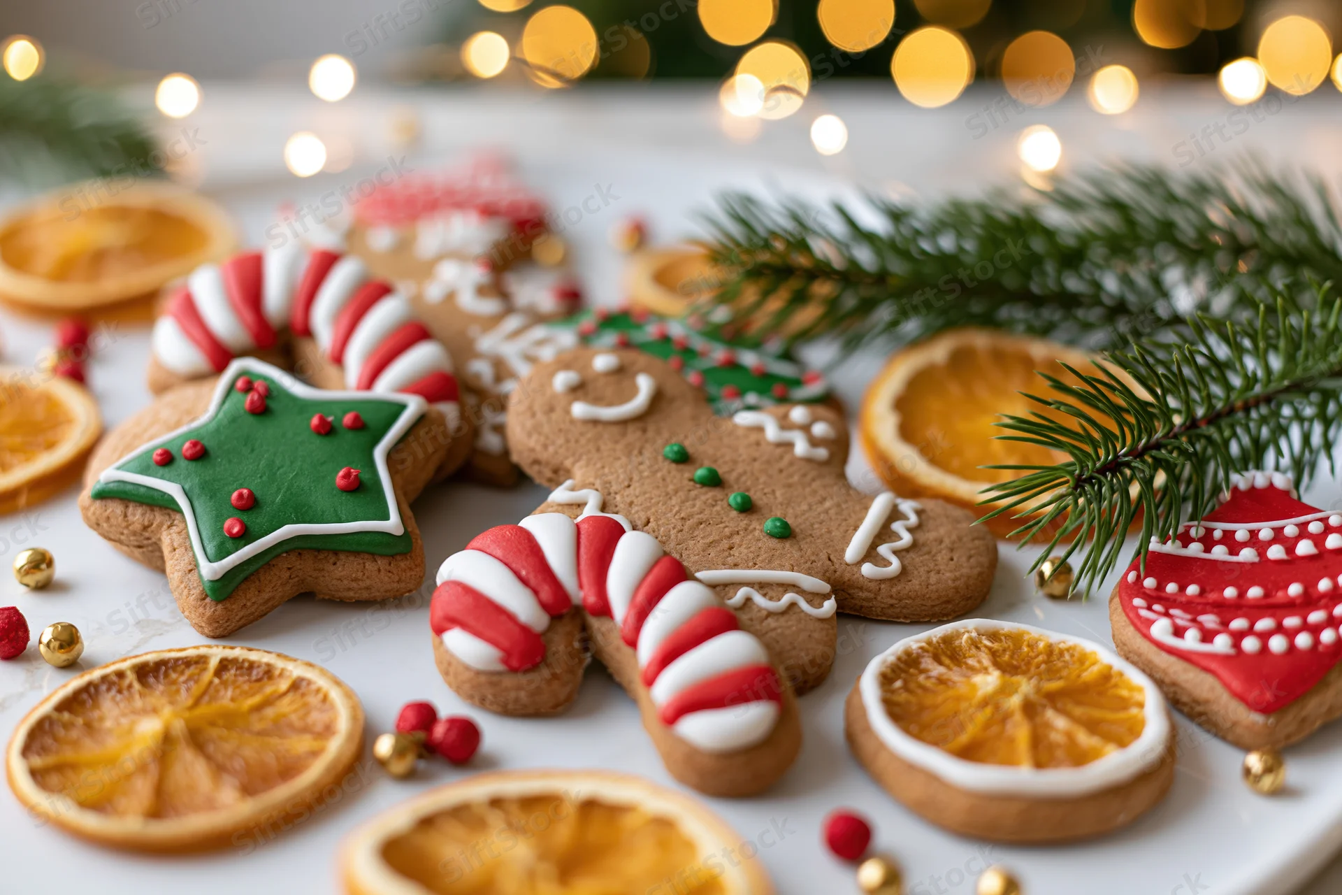 Assorted christmas gingerbread cookies decorated with royal icing and festive ornaments on a white table with blurred lights and pine branches