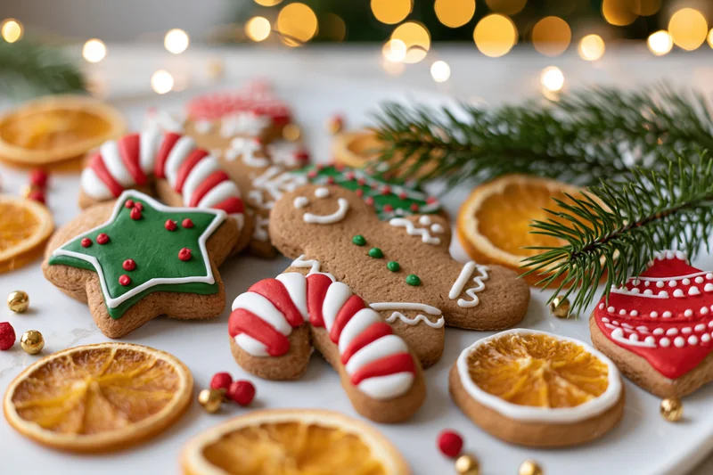 Assorted christmas gingerbread cookies decorated with royal icing and festive ornaments on a white table with blurred lights and pine branches