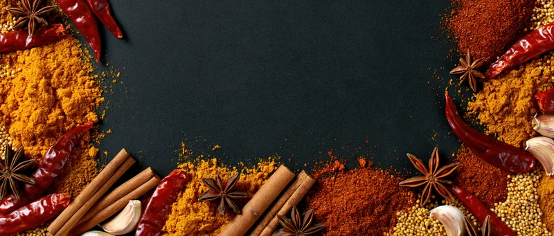 Assorted dried spices arranged in a border around a black surface with copyspace in center