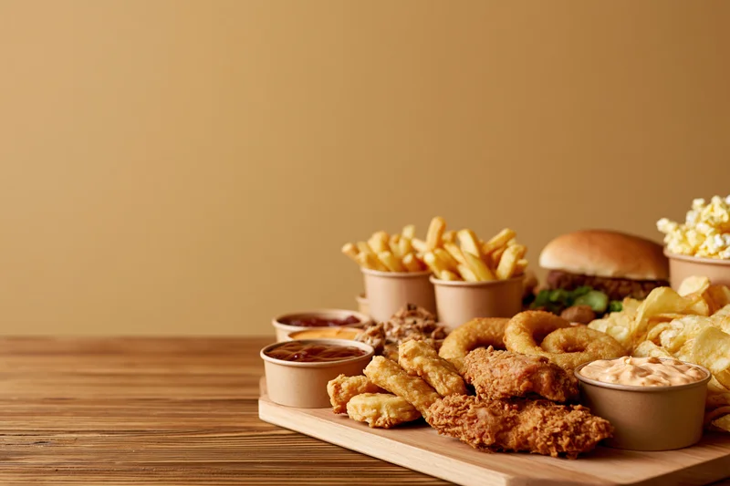 Assorted fast food items arranged on a wooden tray along the right edge of a table