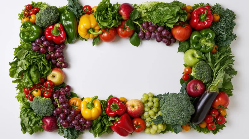 Fresh fruits and vegetables arranged in a rectangular frame on white background with copyspace