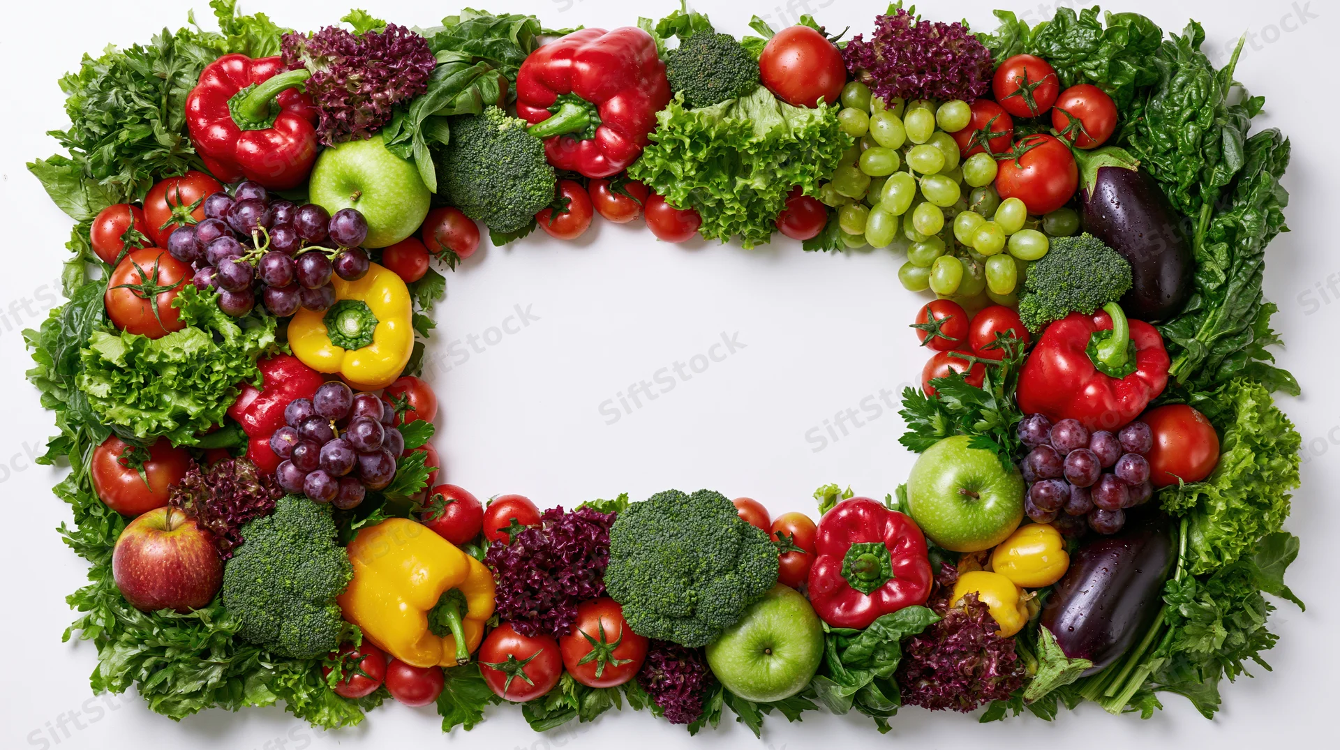 Fresh fruits and vegetables arranged in a rectangular frame on white background