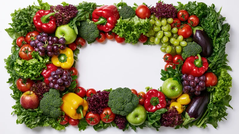 Fresh fruits and vegetables arranged in a dense rectangle