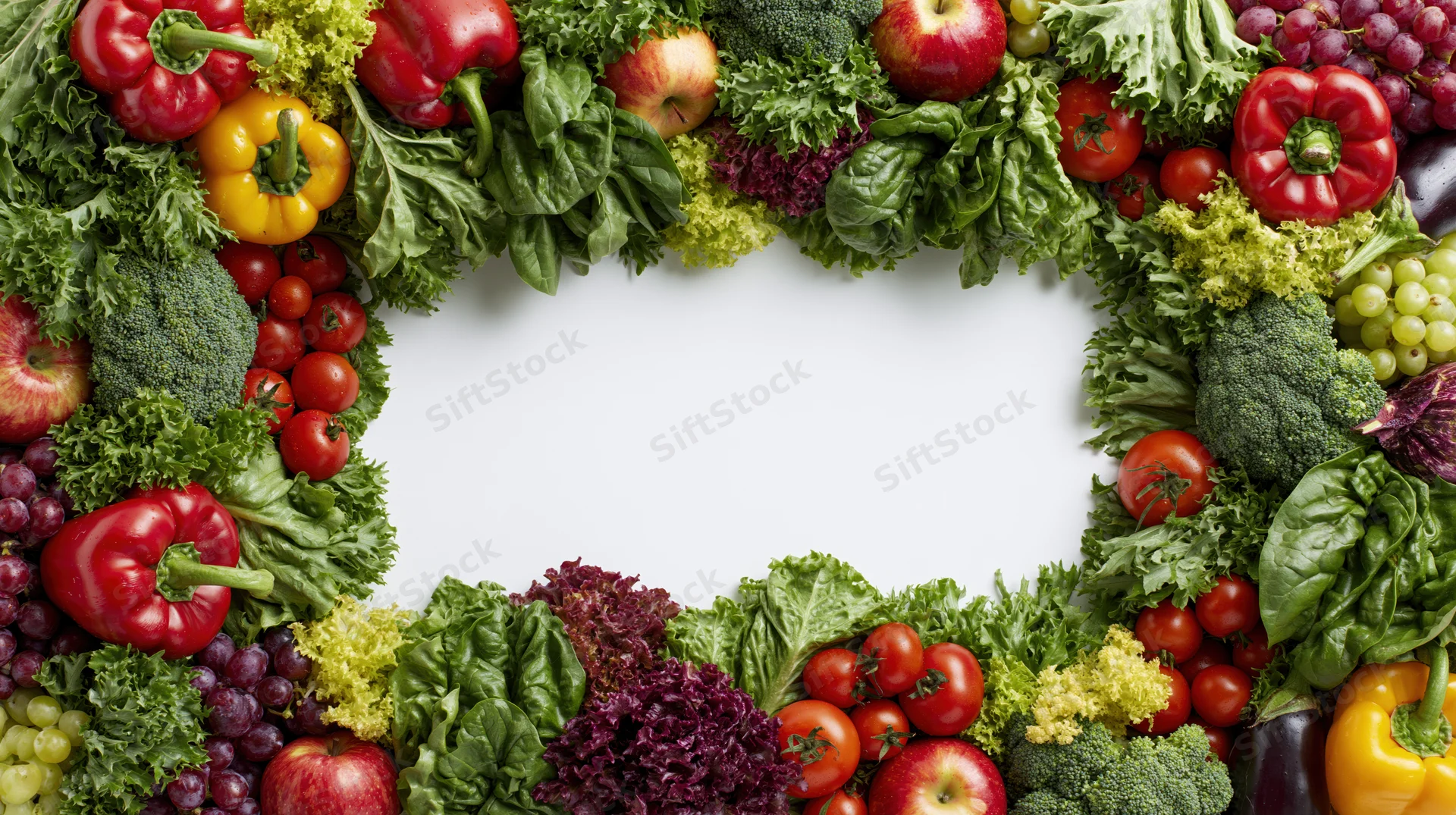 Fresh fruits and vegetables arranged in a rectangular frame with copyspace in the center
