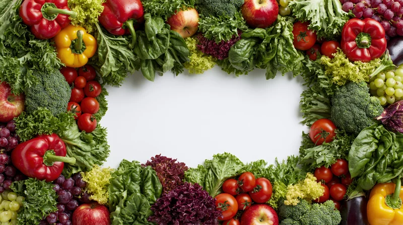 Fresh fruits and vegetables arranged in a rectangular frame with copyspace in the center