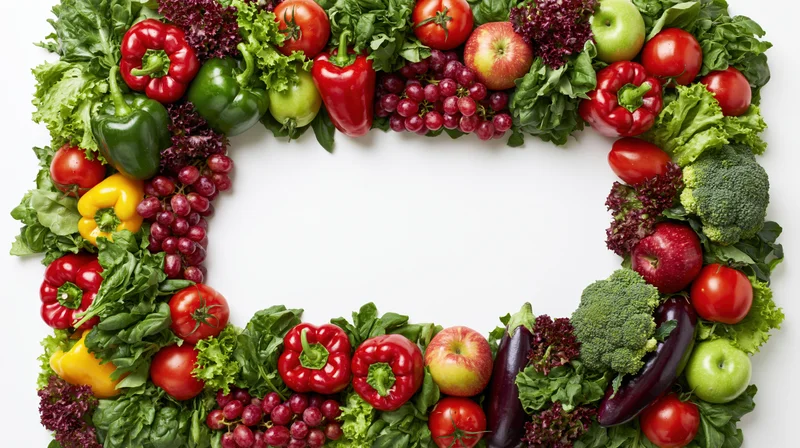 Fresh fruits and vegetables arranged in a rectangular frame on white background