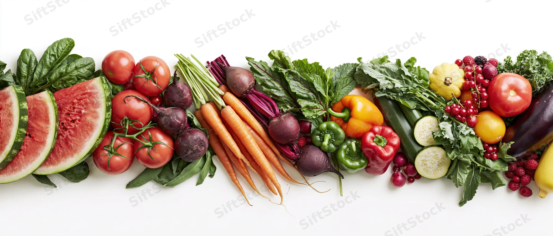 Assorted fresh fruits and vegetables arranged in a row on white background