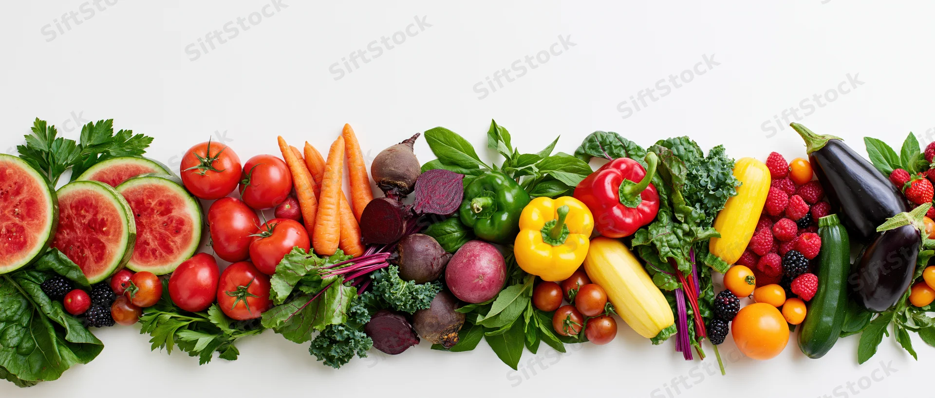 A row of assorted fresh fruits and vegetables arranged horizontally on a white background