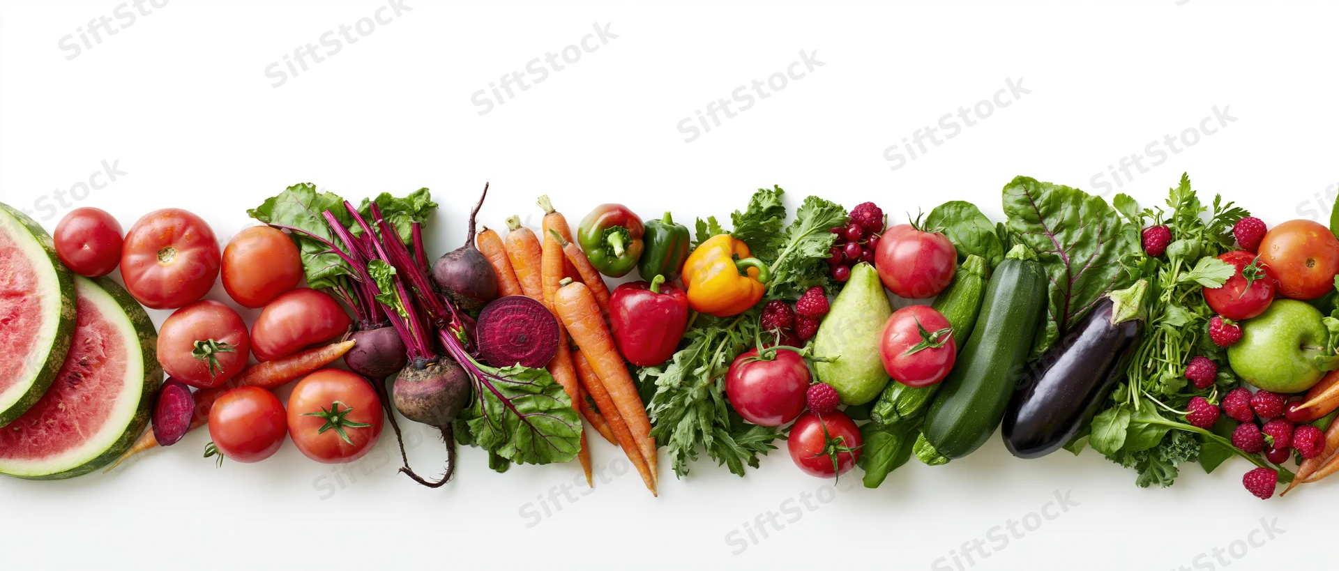 Assorted fresh fruits and vegetables arranged in a row on a white background