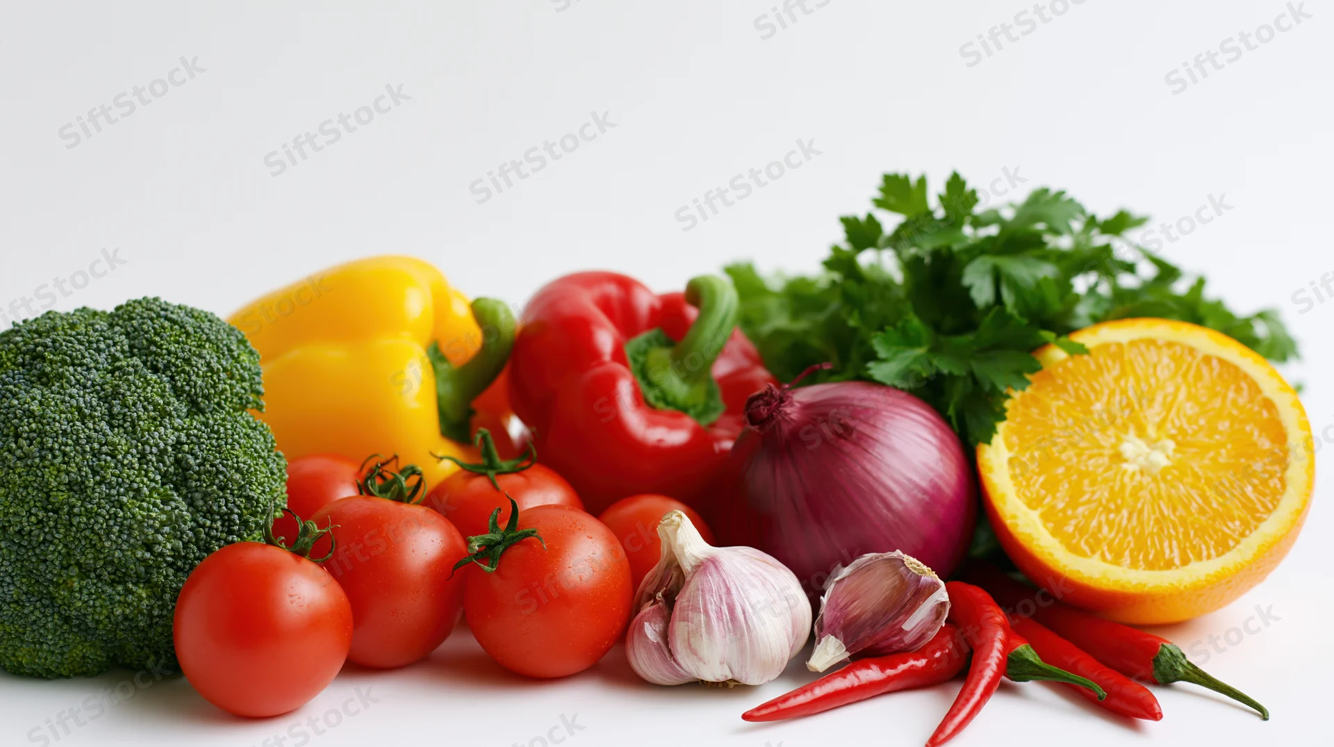 Assorted fresh vegetables and fruit arranged on white surface