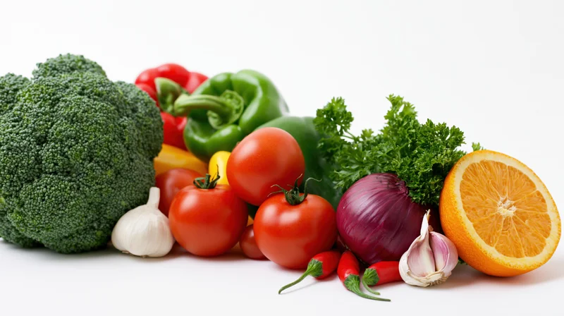 Assorted fresh vegetables and fruit arranged in a low horizon on white background