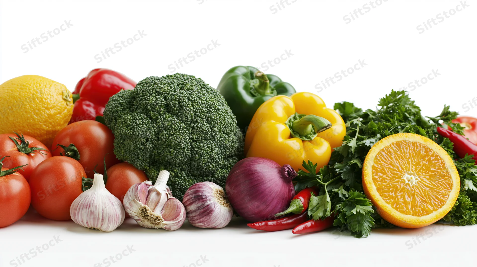 Assorted fresh vegetables and fruit arranged in a low horizon on white background