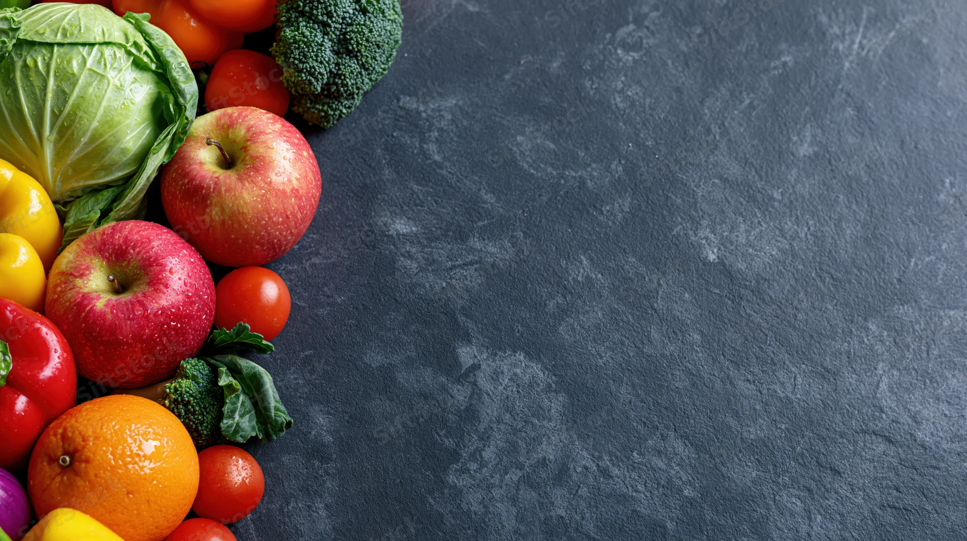 Fresh fruits and vegetables arranged along the left side of a dark slate surface