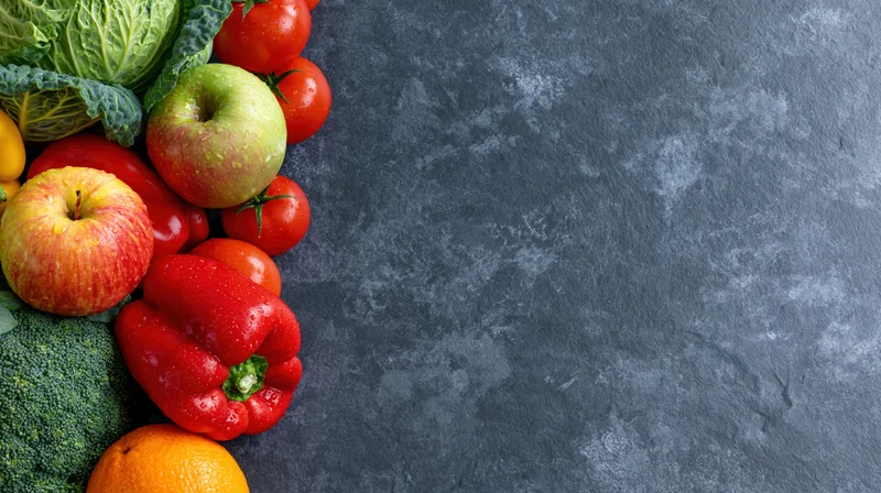 Fresh vegetables and fruits arranged along the left side of a dark textured surface