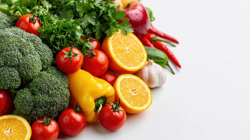 Fresh vegetables and fruits arranged in a loose pile on white surface
