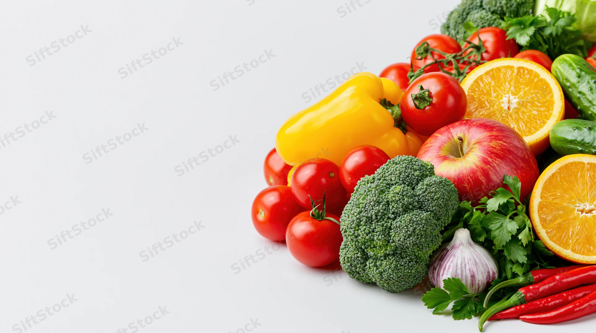 Assorted fresh vegetables and fruits arranged in a loose pile on white background
