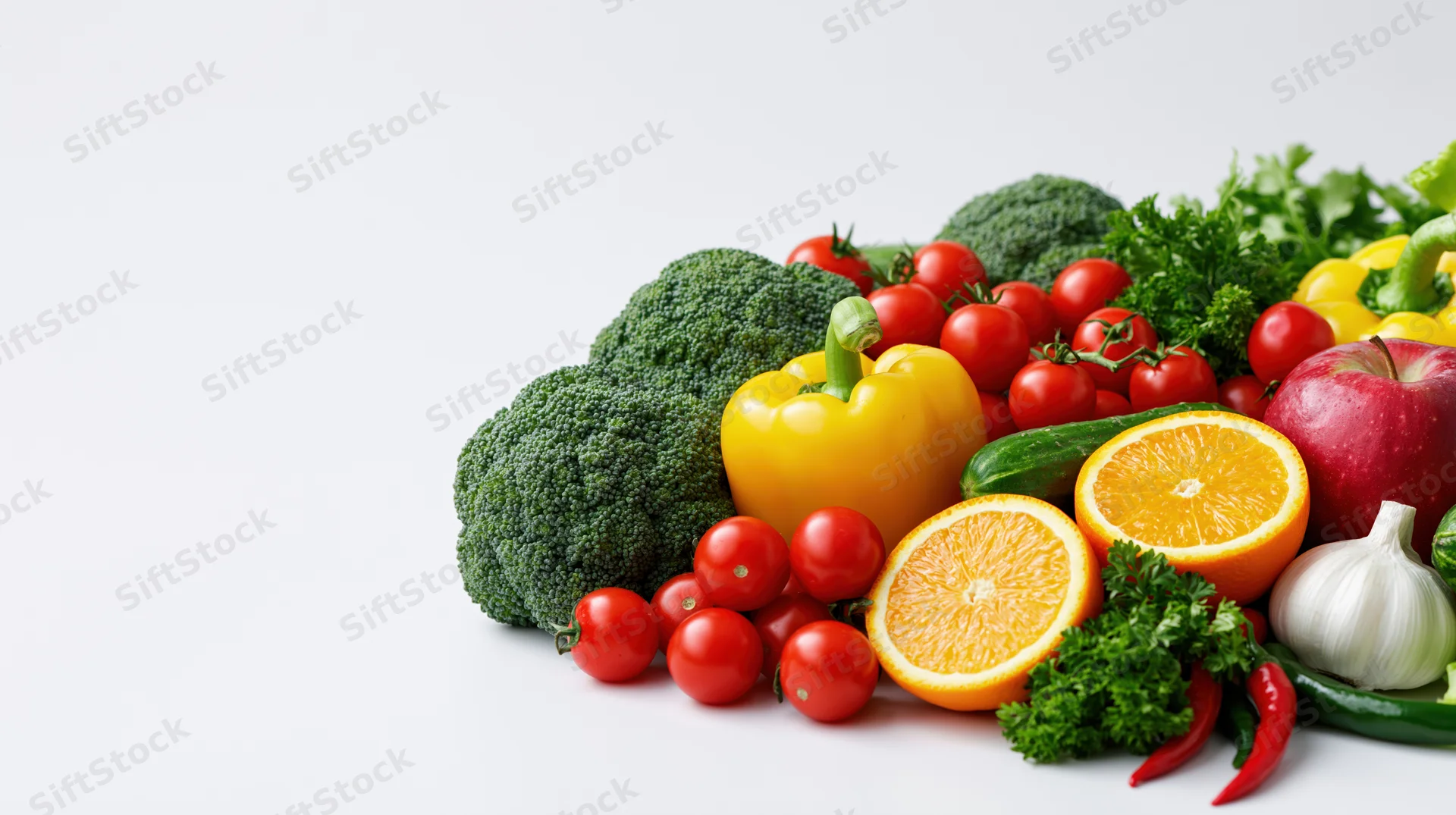 Assorted fresh vegetables and fruits arranged in a loose pile on white background
