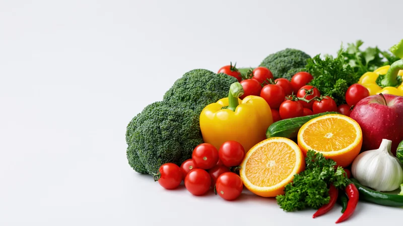 Assorted fresh vegetables and fruits arranged in a loose pile on white background