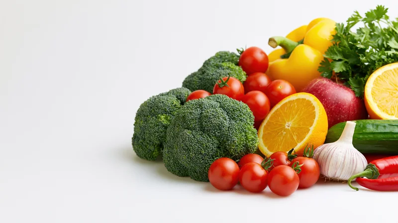 Assorted fresh vegetables and fruits arranged in a loose pile on white background