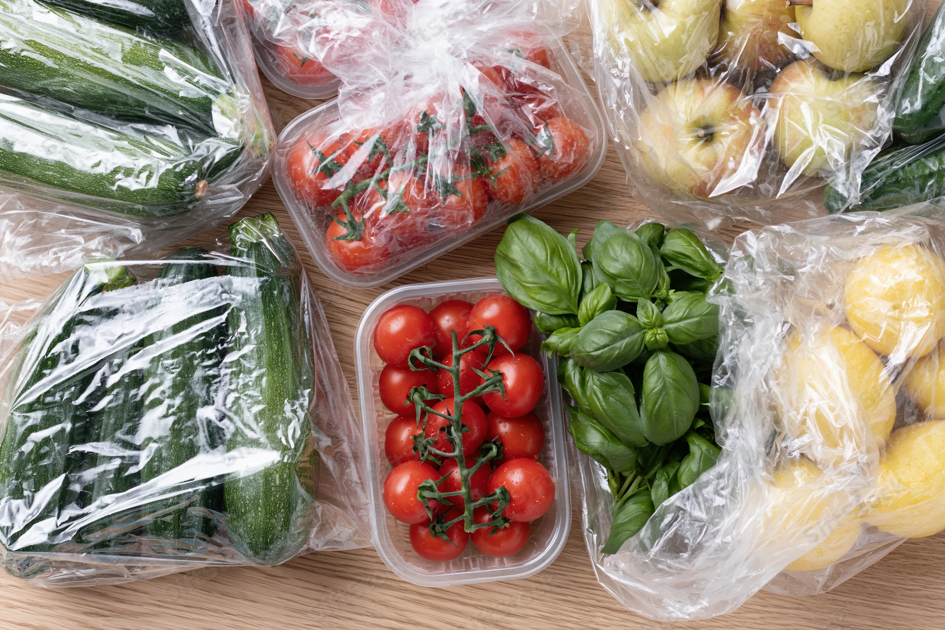 Fresh vegetables and fruits in plastic packaging on a wooden countertop