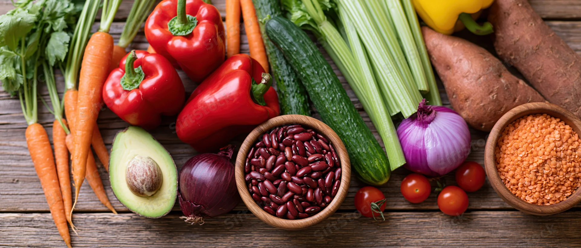 Fresh vegetables and legumes arranged on a wooden table in a flat lay composition