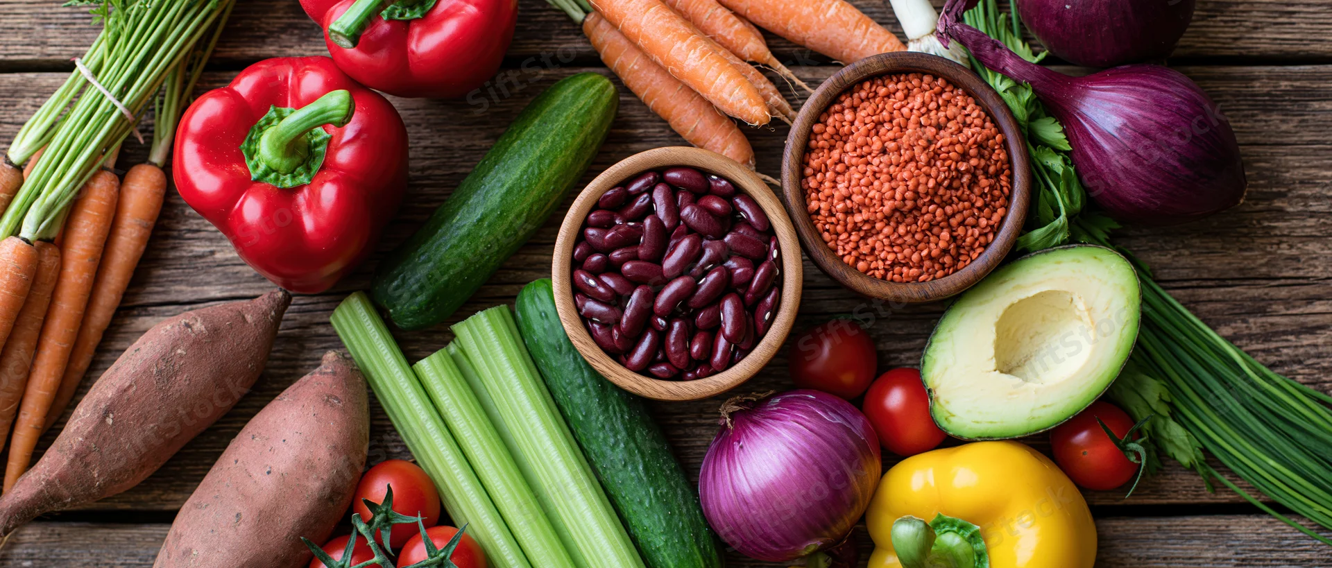 Assorted fresh vegetables and legumes arranged on a wooden table in a flat lay view
