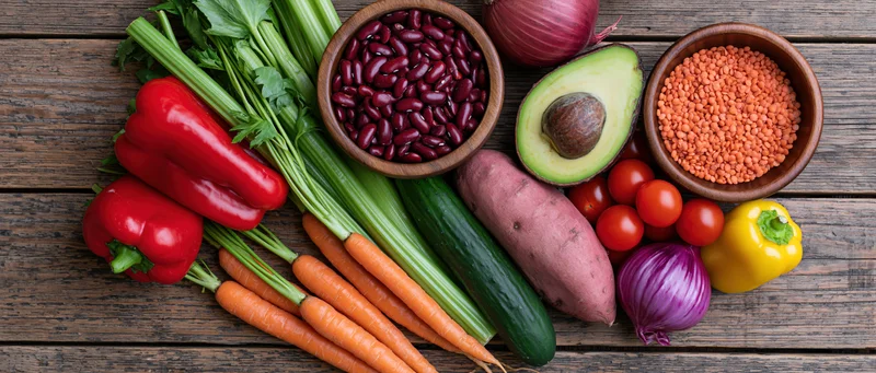 Fresh vegetables and legumes arranged on a wooden table in a flat lay composition